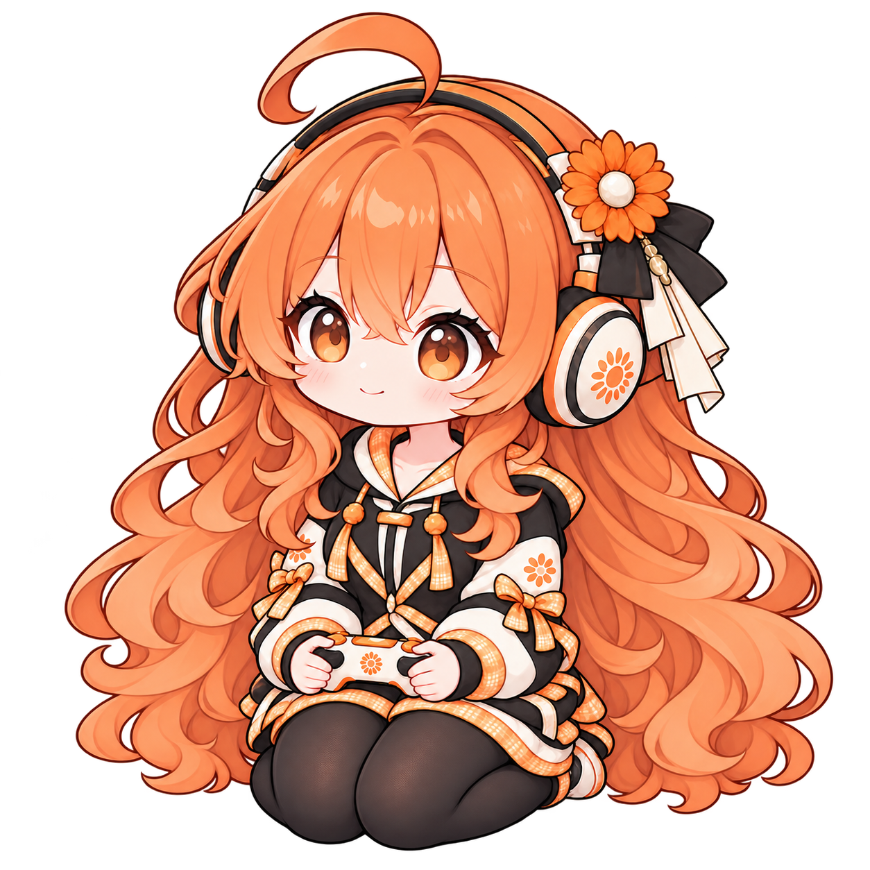 Claude 娘穿着暖橙游戏服，端正地正坐，手持游戏手柄与伙伴一起玩电子游戏