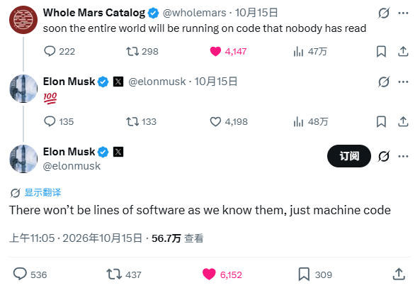 Elon Musk 2026年10月15日 X 原帖：There won’t be lines of software as we know them, just machine code